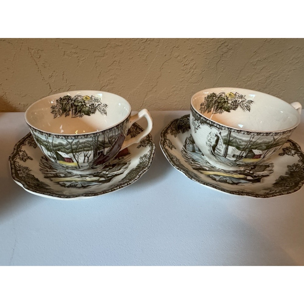 Vintage Set of 2 Johnson Bros Friendly Village Teacup Saucer Ice House England